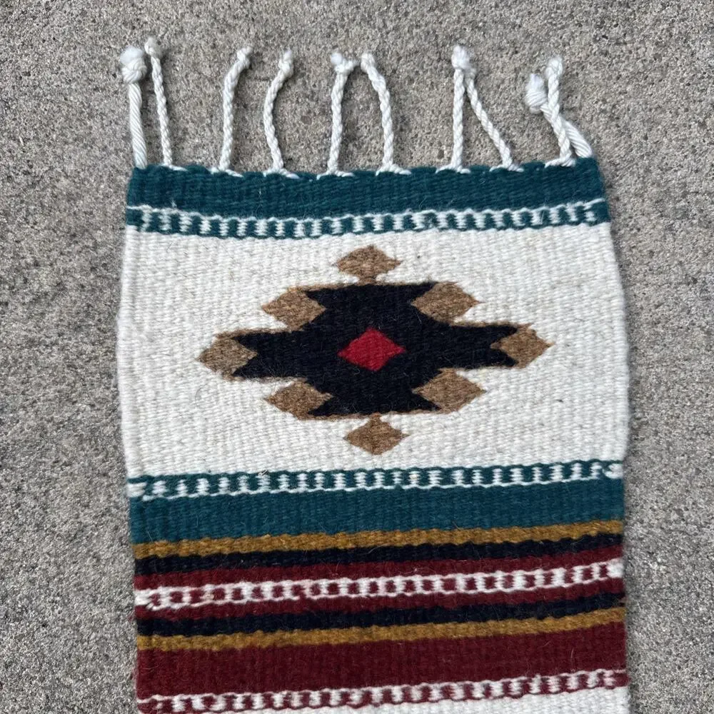 Wool Tribal Southwest Aztec Table Runner Vibrant Colors Fringe Handmade